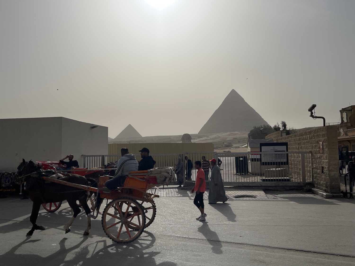 a horse drawn carriage with people in front of pyramids