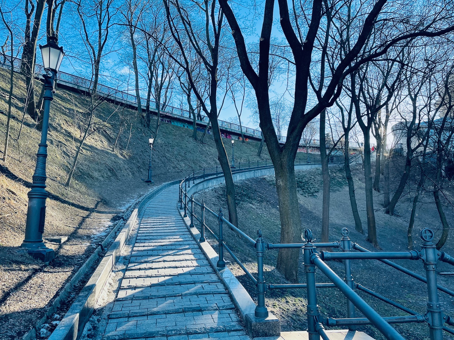 a path with trees and a bridge