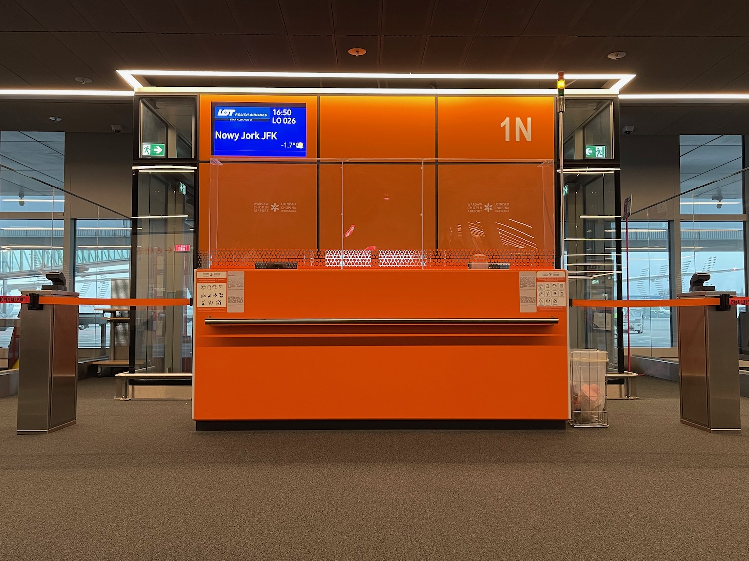 an orange counter in a airport