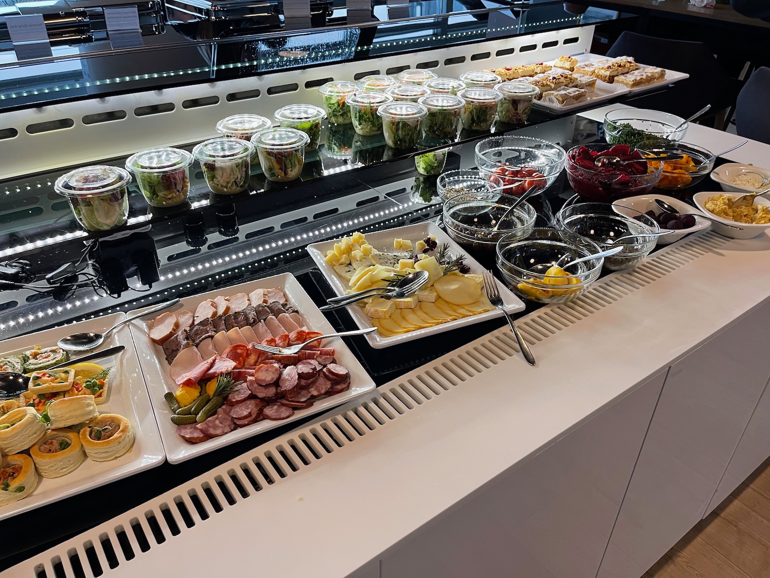 a buffet with food on it