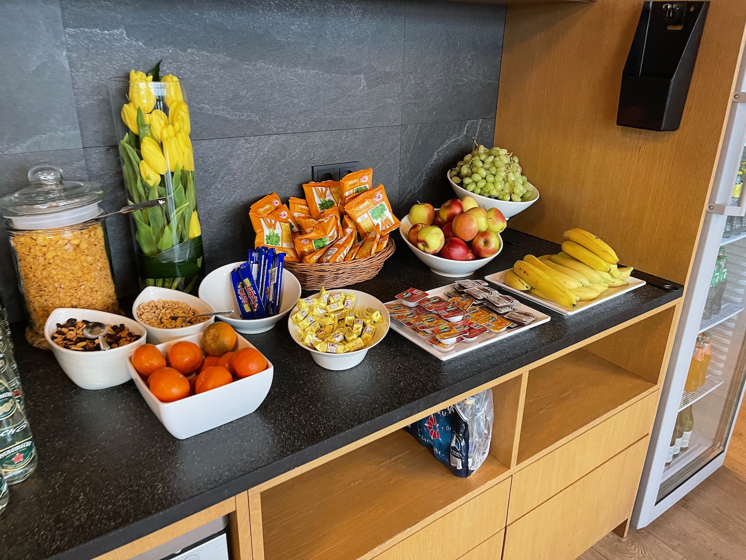 a counter with different foods on it