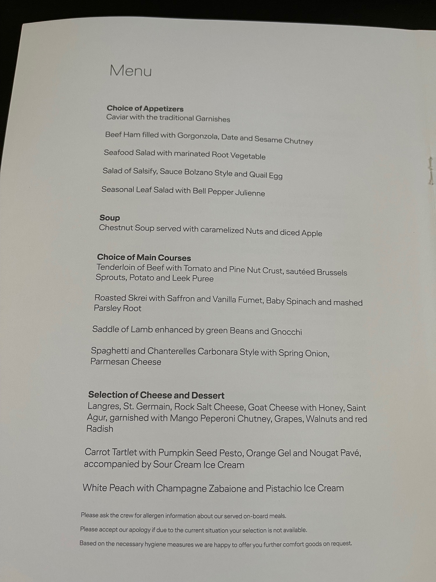 a menu with black text