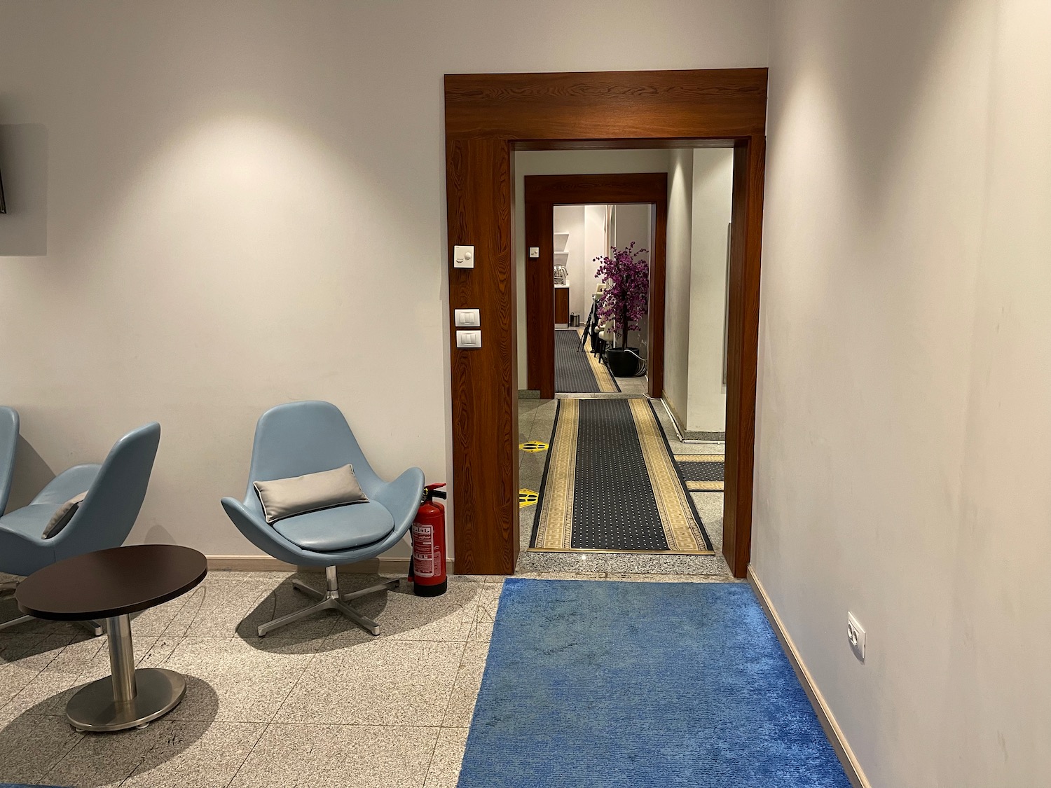 a hallway with a blue rug and a chair