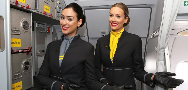 two women in uniform standing in a plane