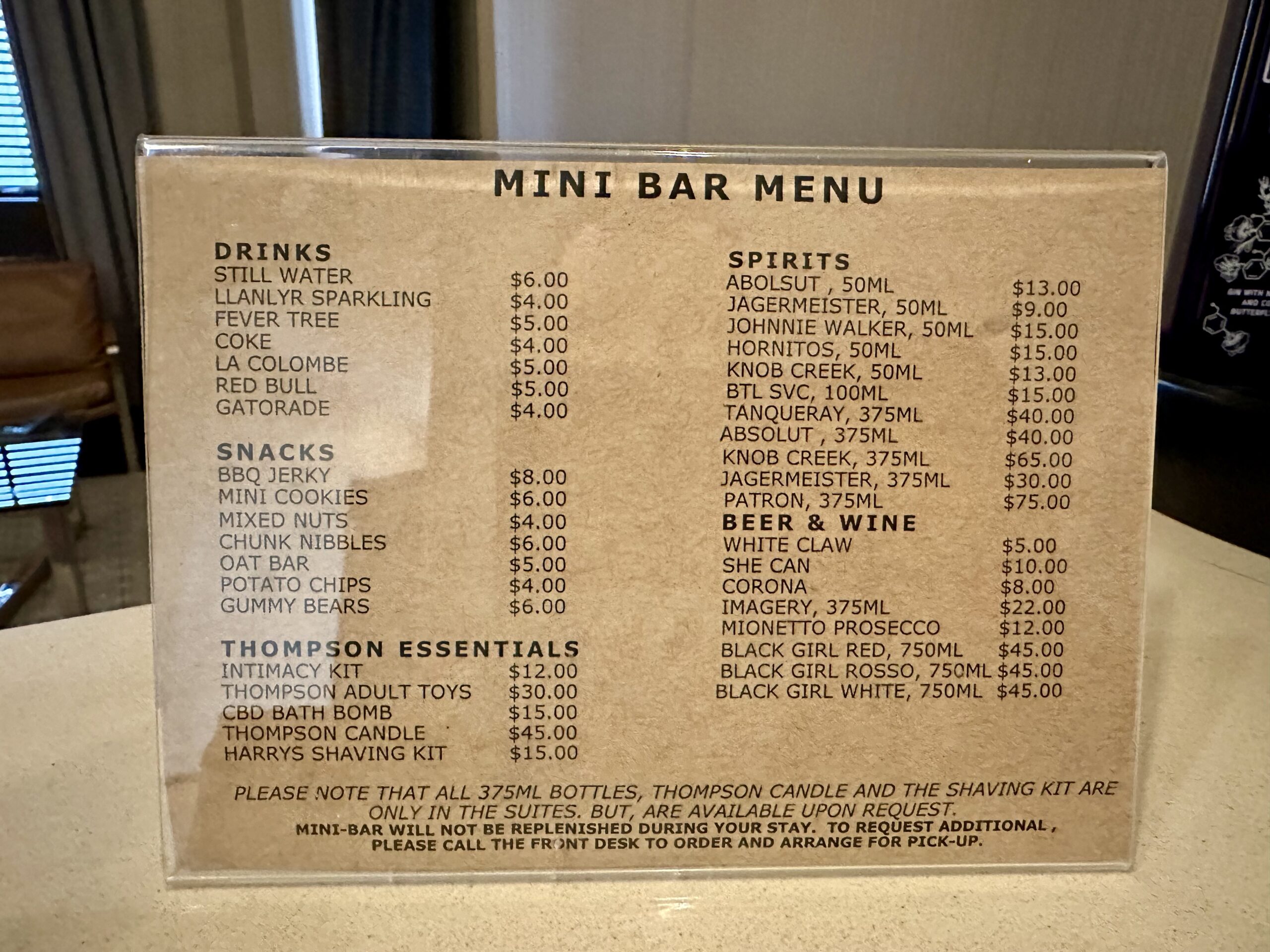 gild hall thompson suite mini bar menu
