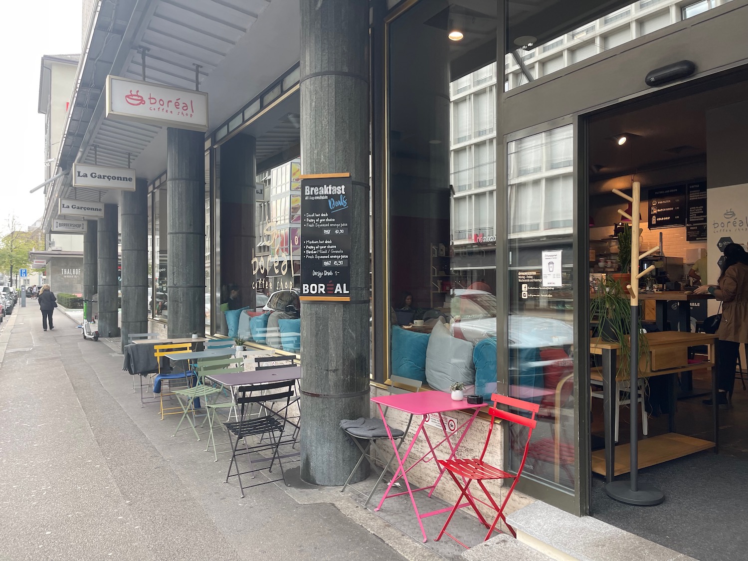 a building with tables and chairs