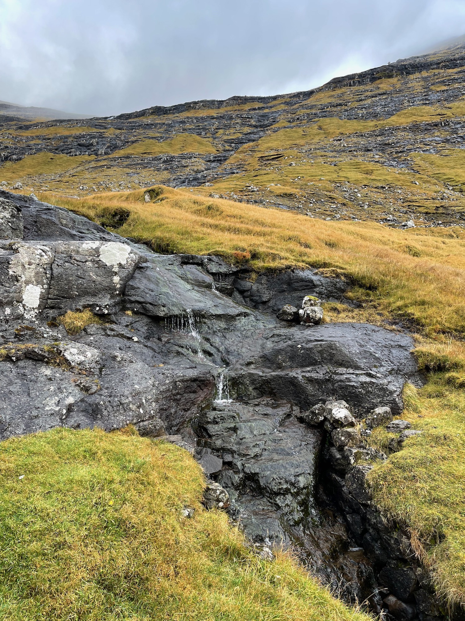 a rocky hillside with grass and water flowing into it