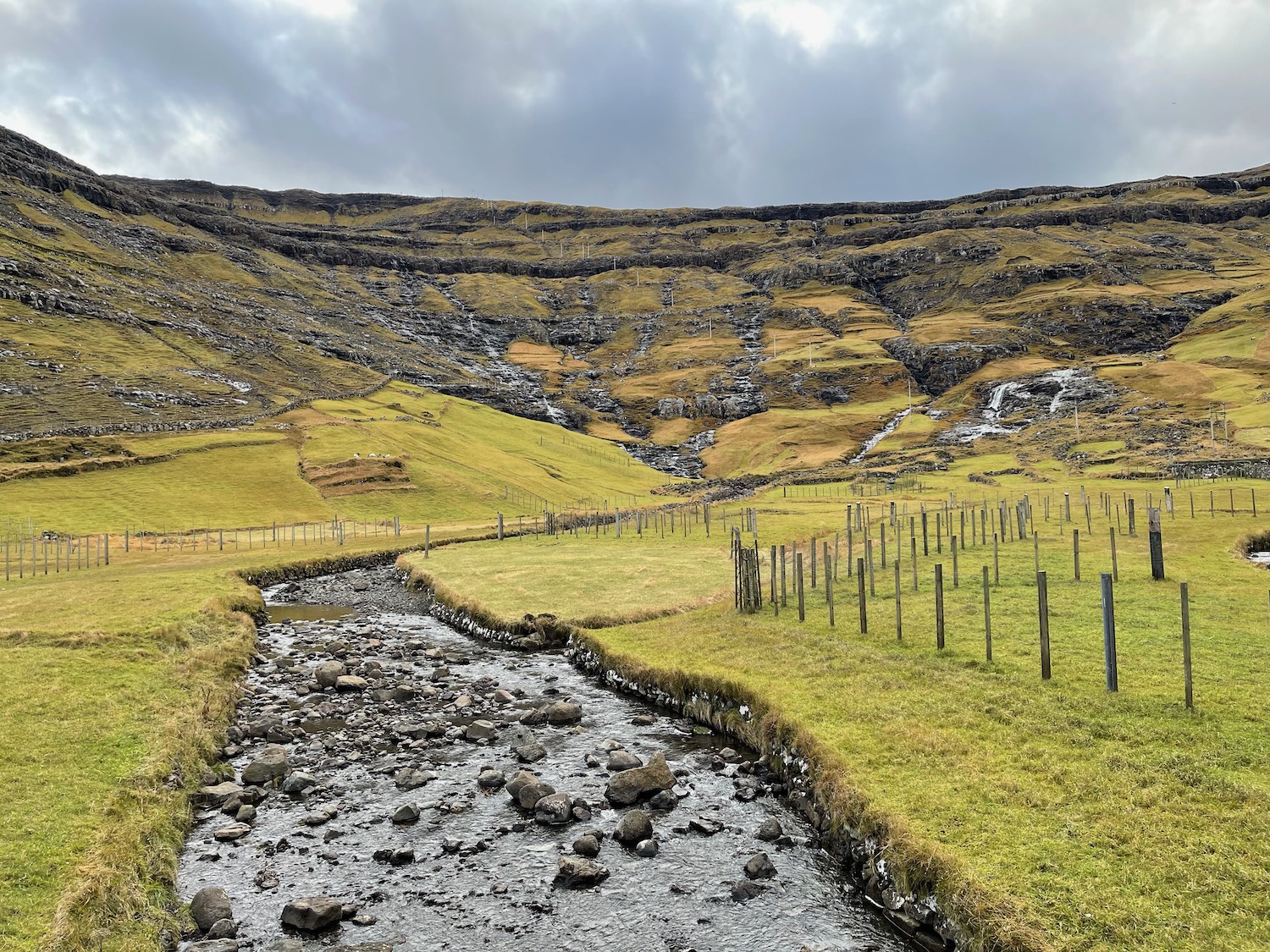 a stream running through a grassy valley with Yorkshire Dales in the background