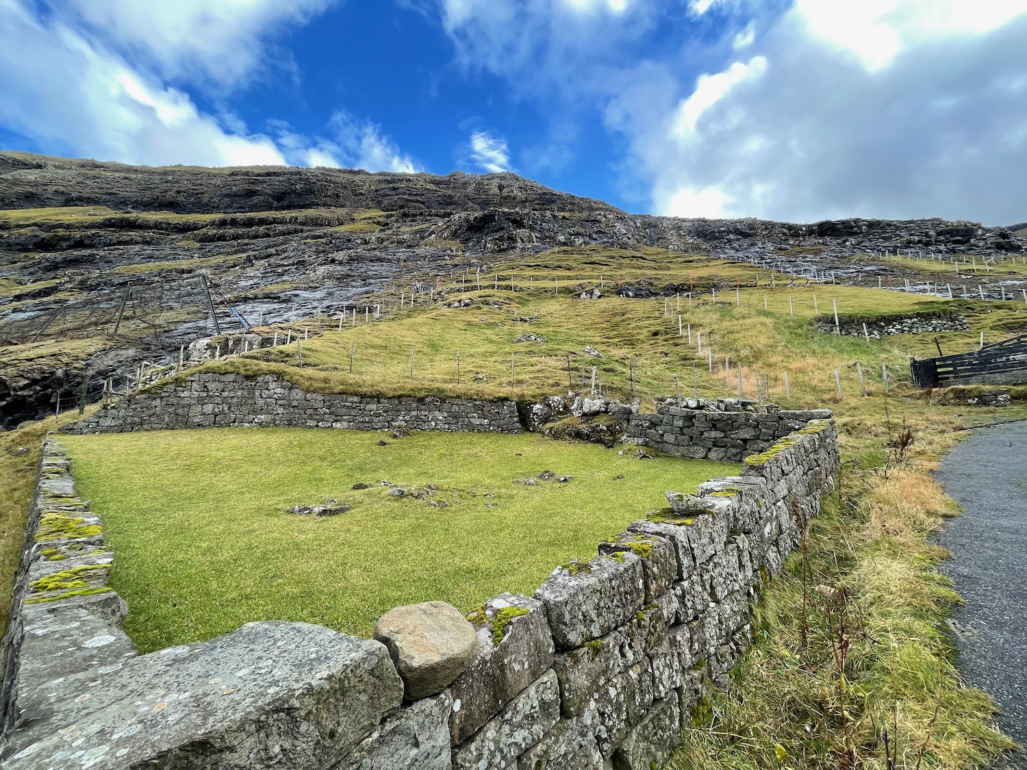 a stone wall and grass field