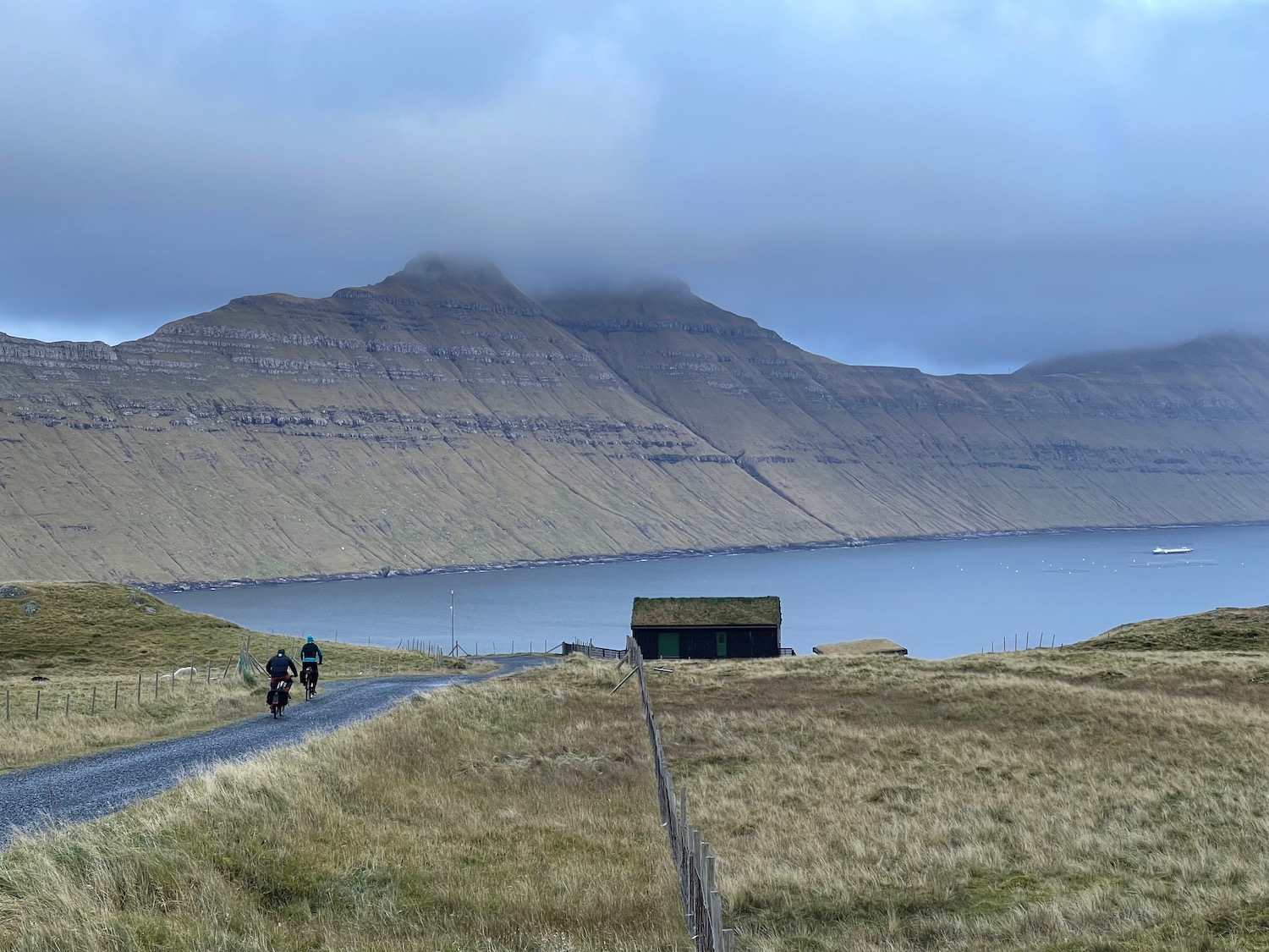 people riding bikes on a road near a body of water