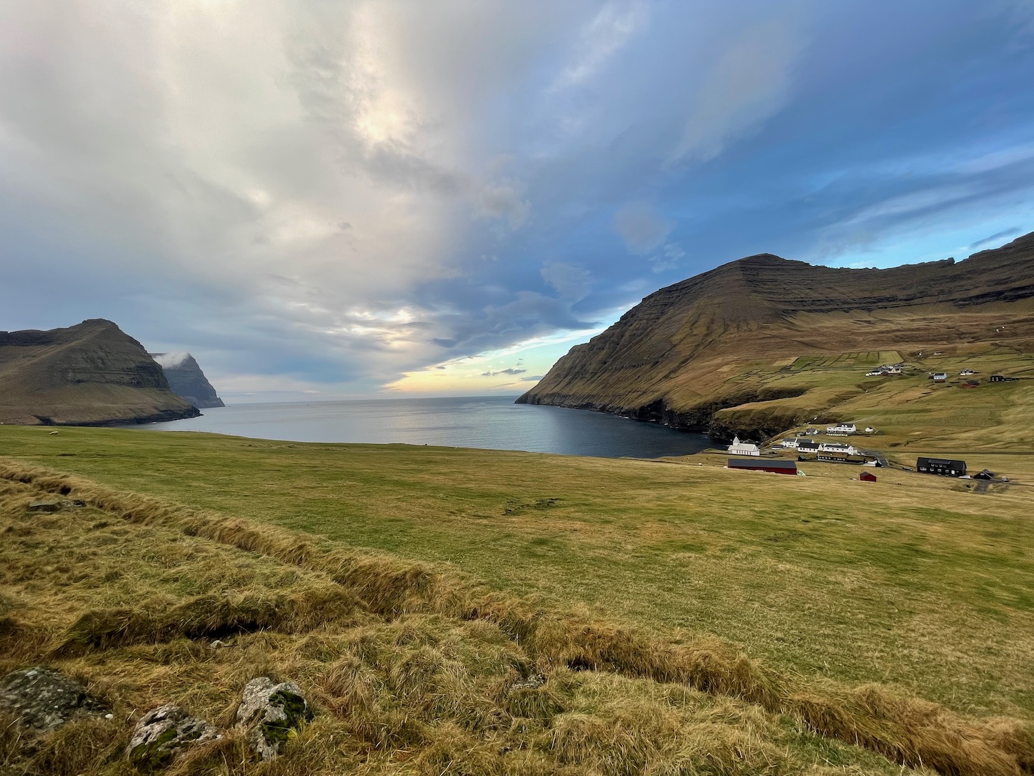 a grassy field next to a body of water