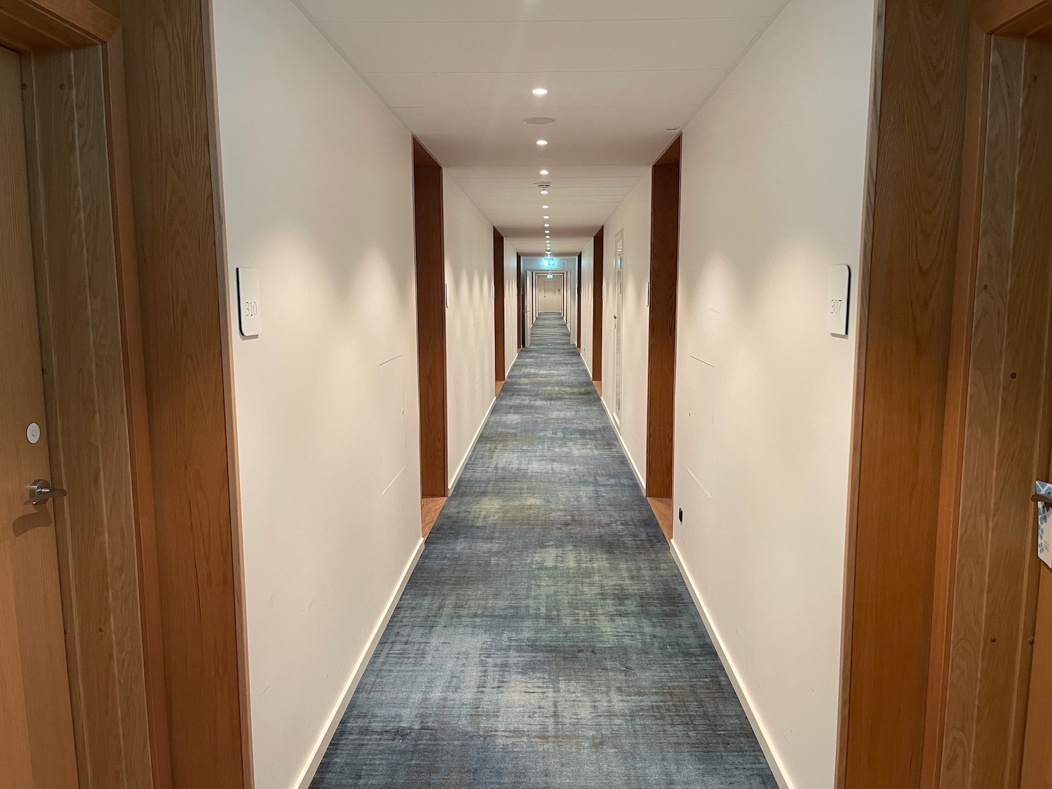 a long hallway with a blue carpet