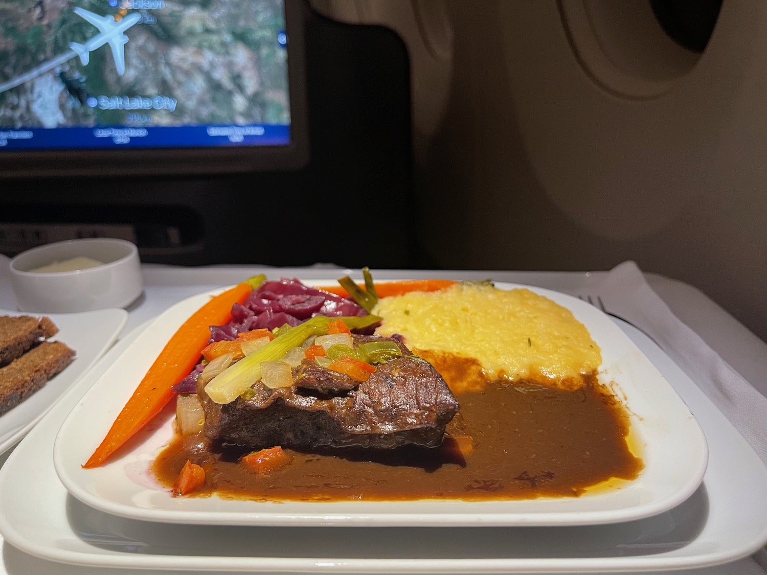 a plate of food on a tray