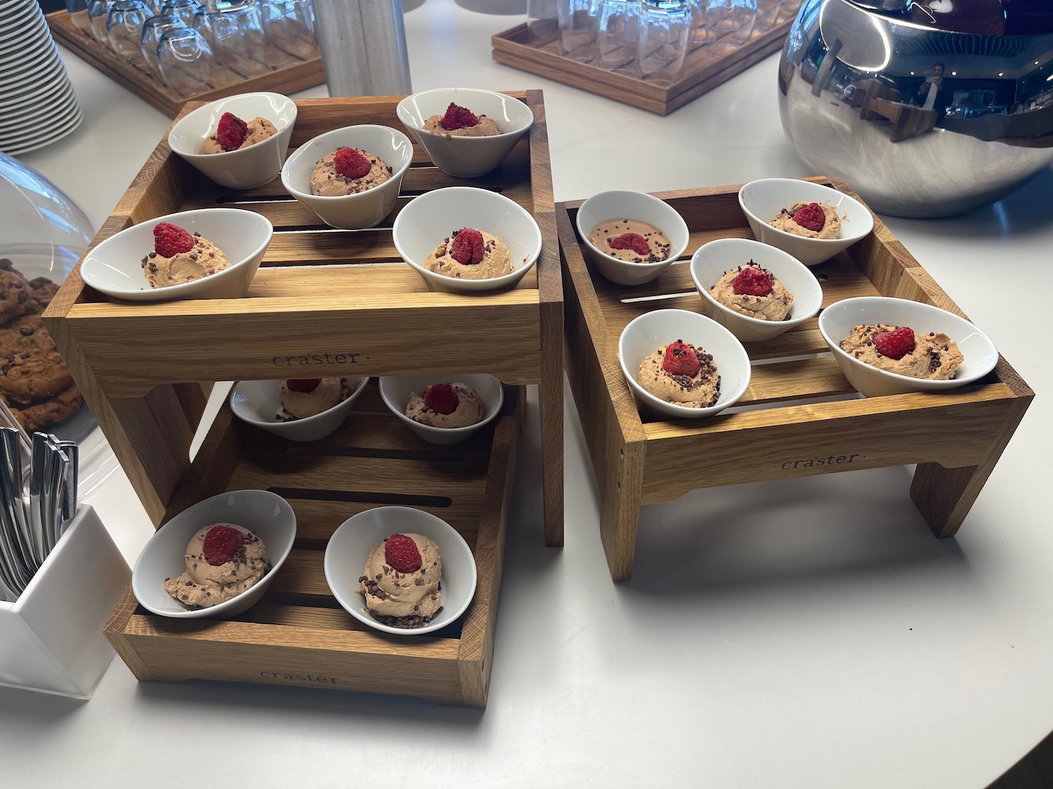 a group of wooden containers with food in them