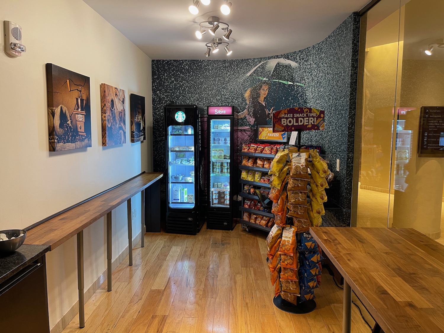 a room with a display of snacks