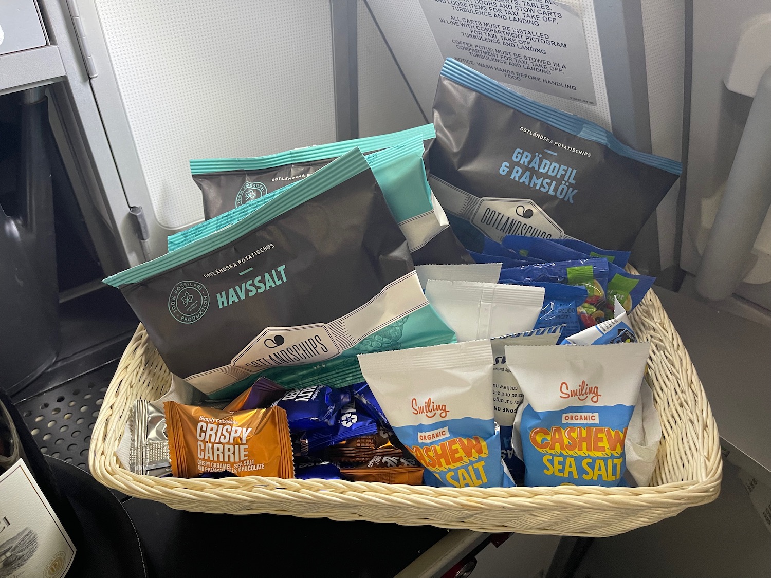 a basket of food on an airplane