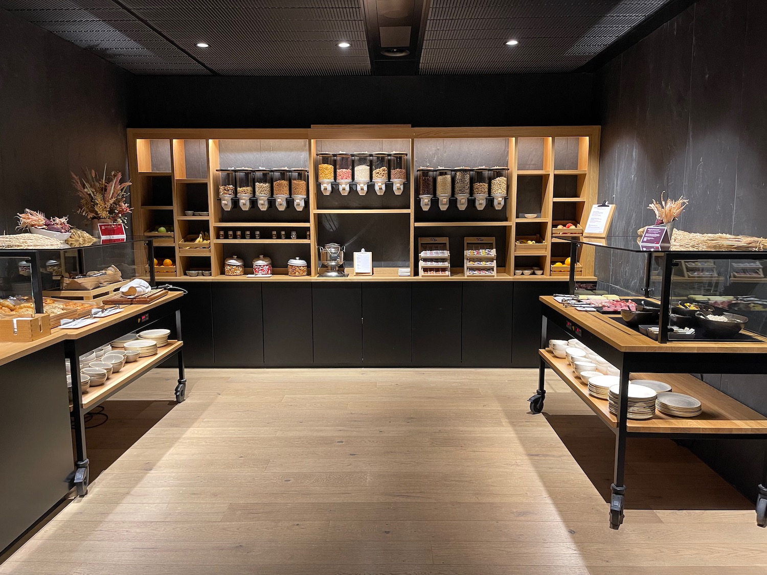 a room with shelves of food