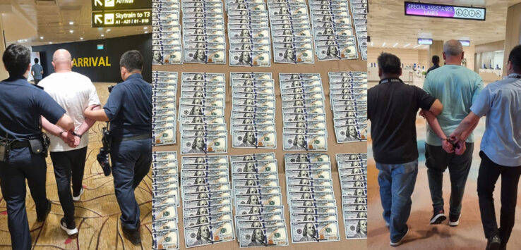 a collage of a man standing next to a pile of money