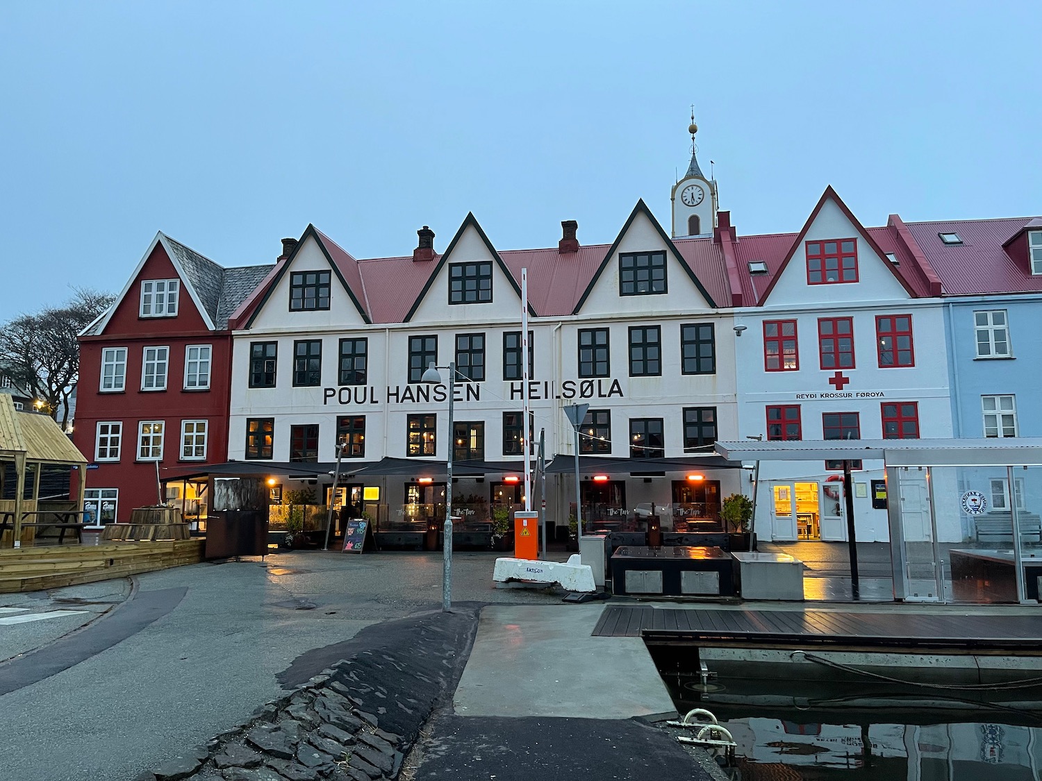 Bryggen with a clock tower