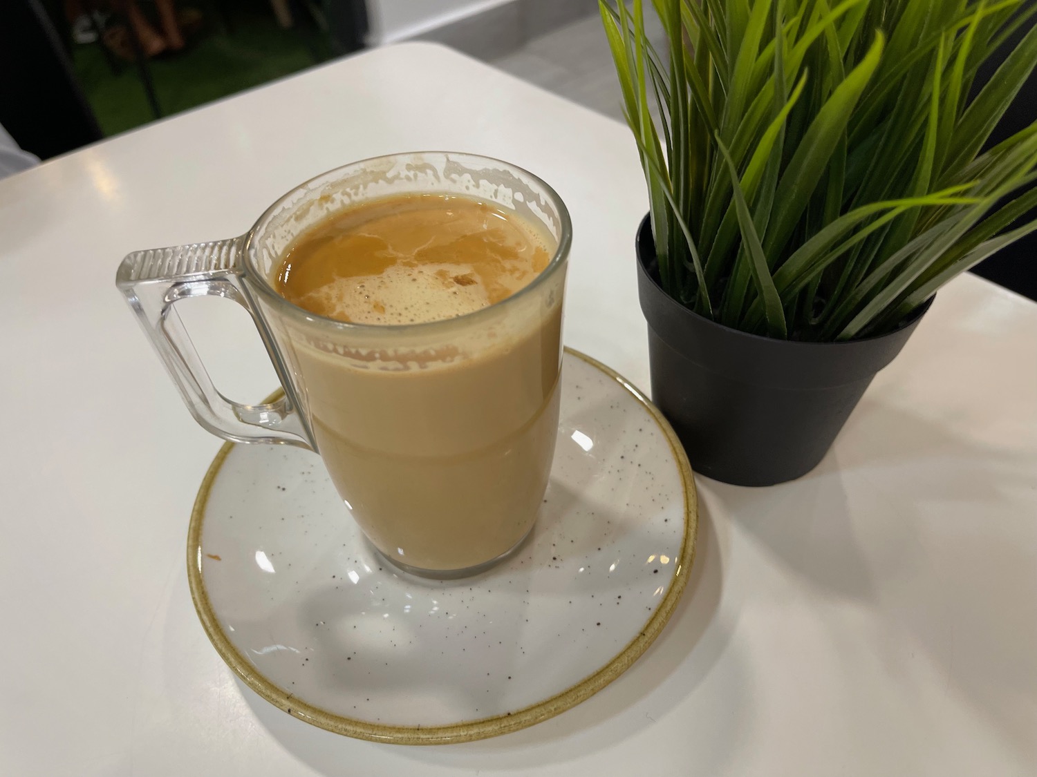 a cup of coffee and a plant on a white table