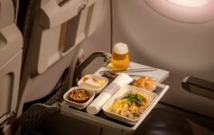 food on a tray on a plane