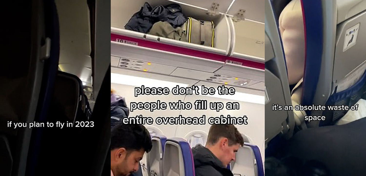 a man sitting in an airplane with luggage