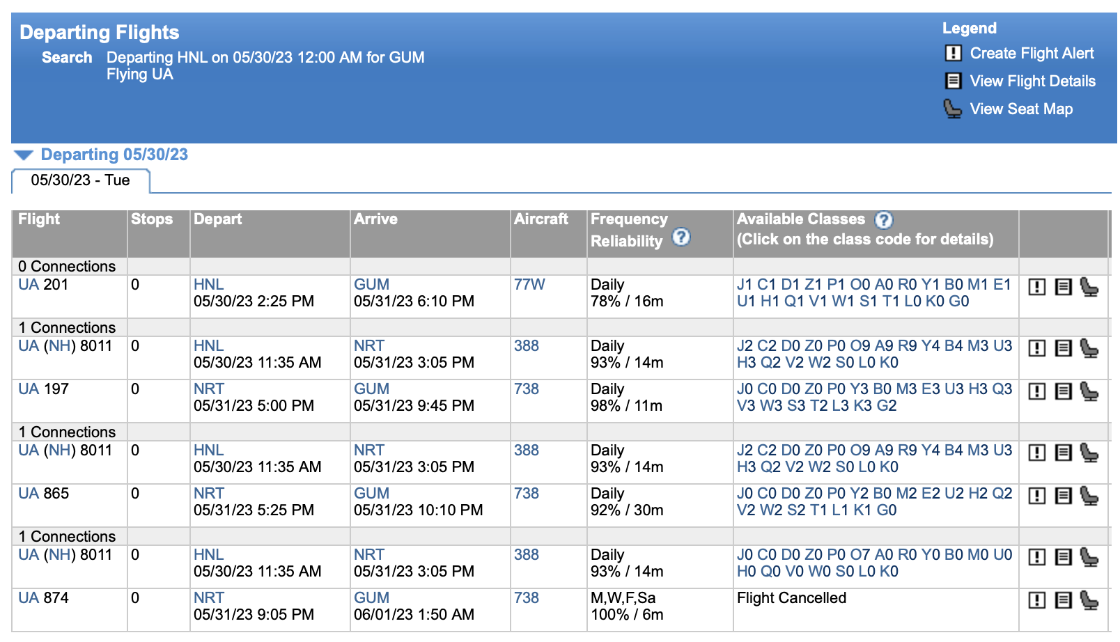 a screenshot of a flight schedule