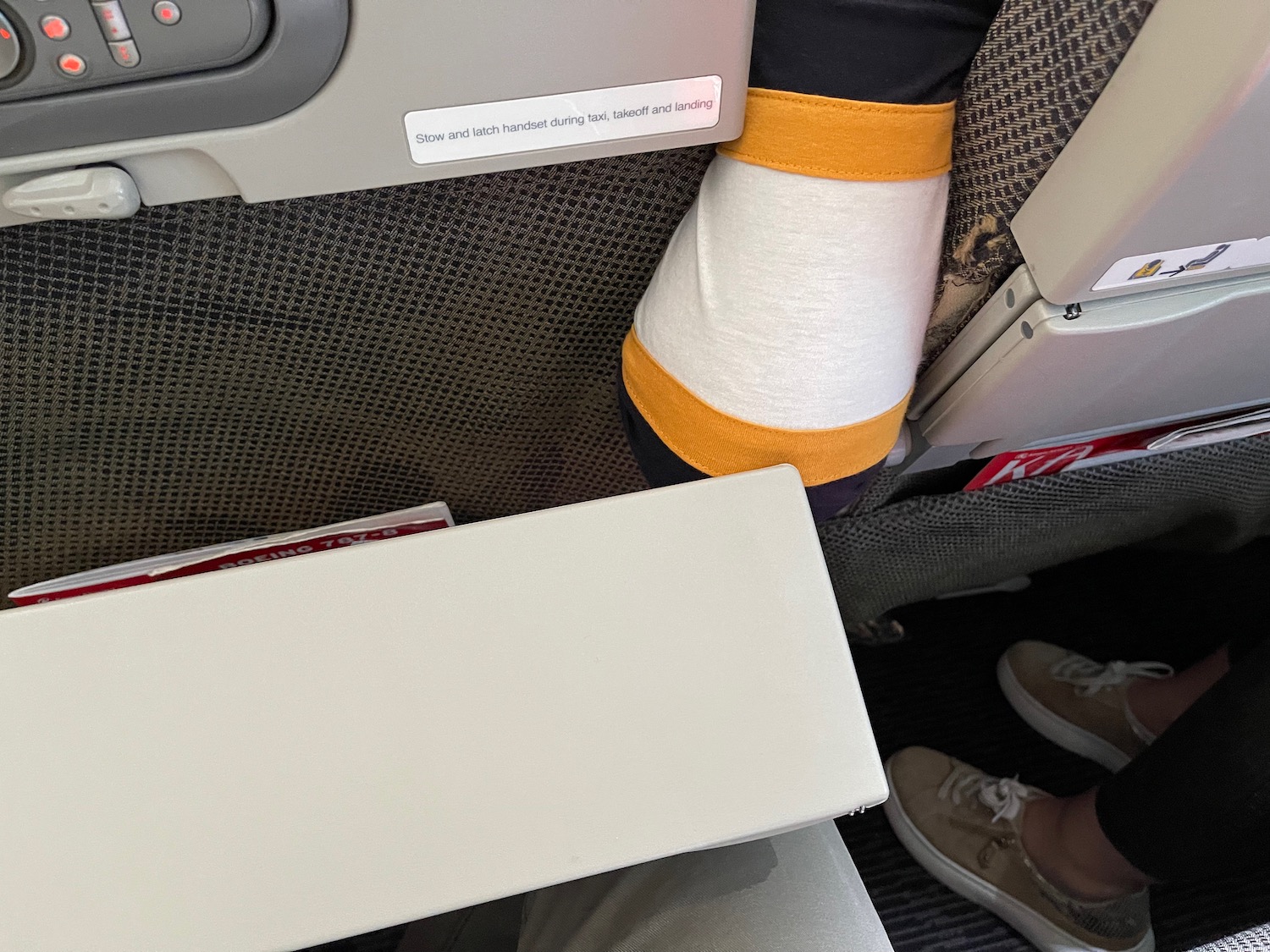 a person's leg in an airplane