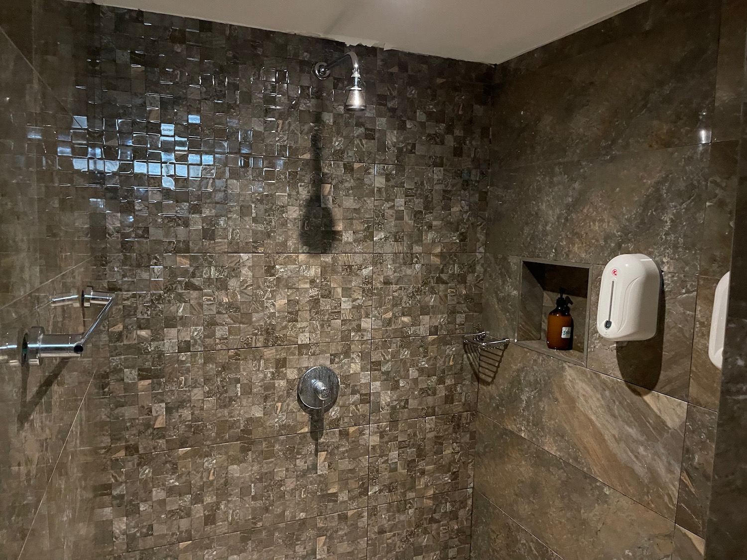 a shower with a shower head and a soap dispenser
