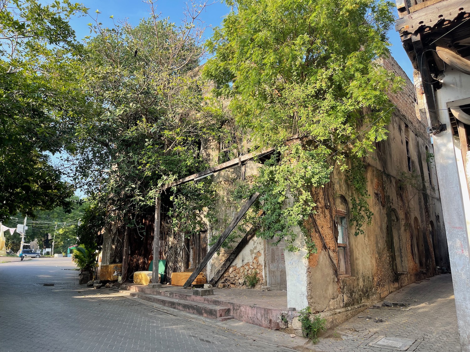 a building with trees on the side