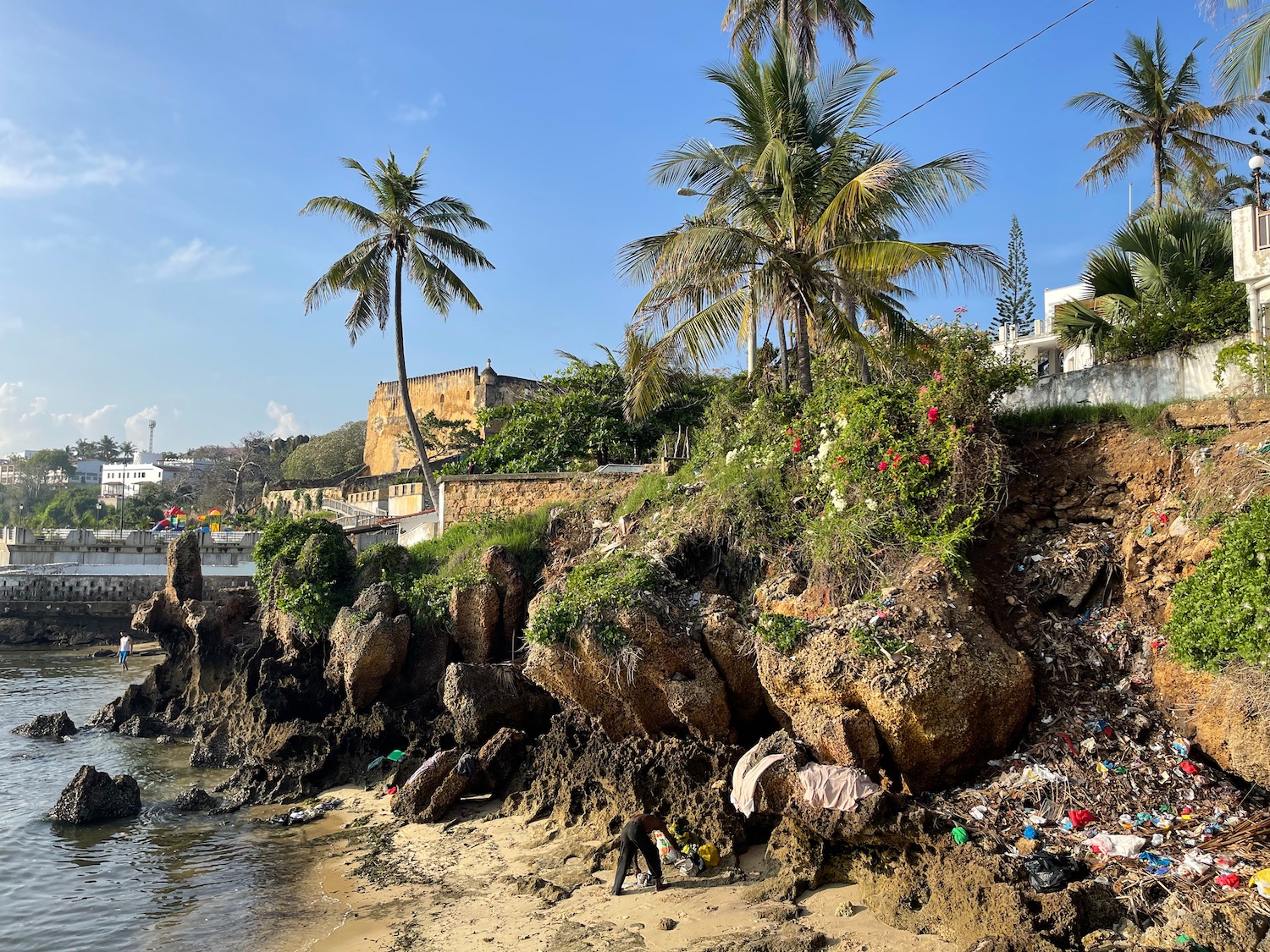 a beach with a rocky cliff and palm trees