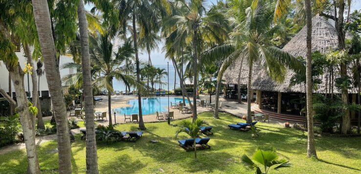 a pool and palm trees by a building