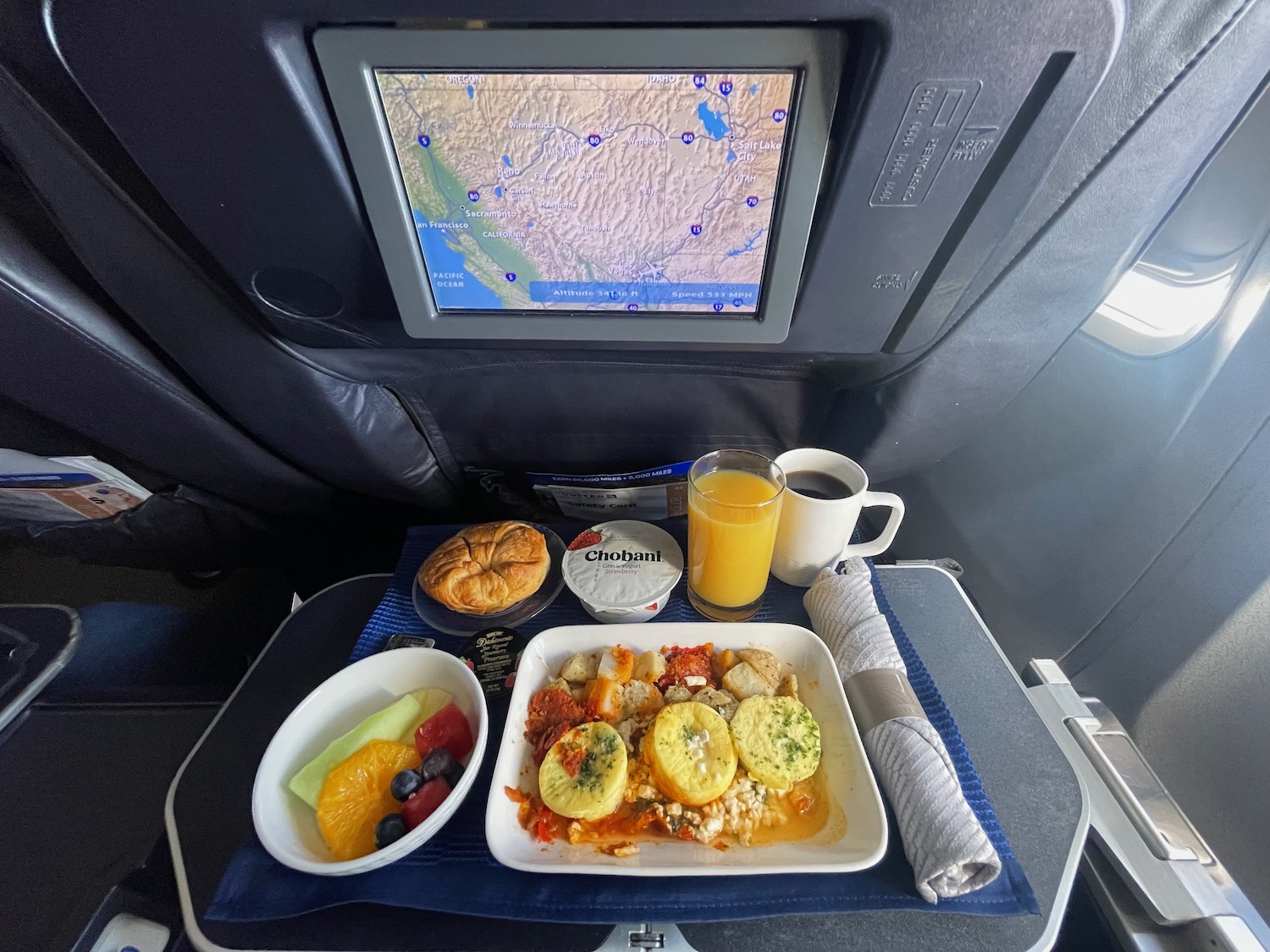 a tray of food and a drink on the back of a plane