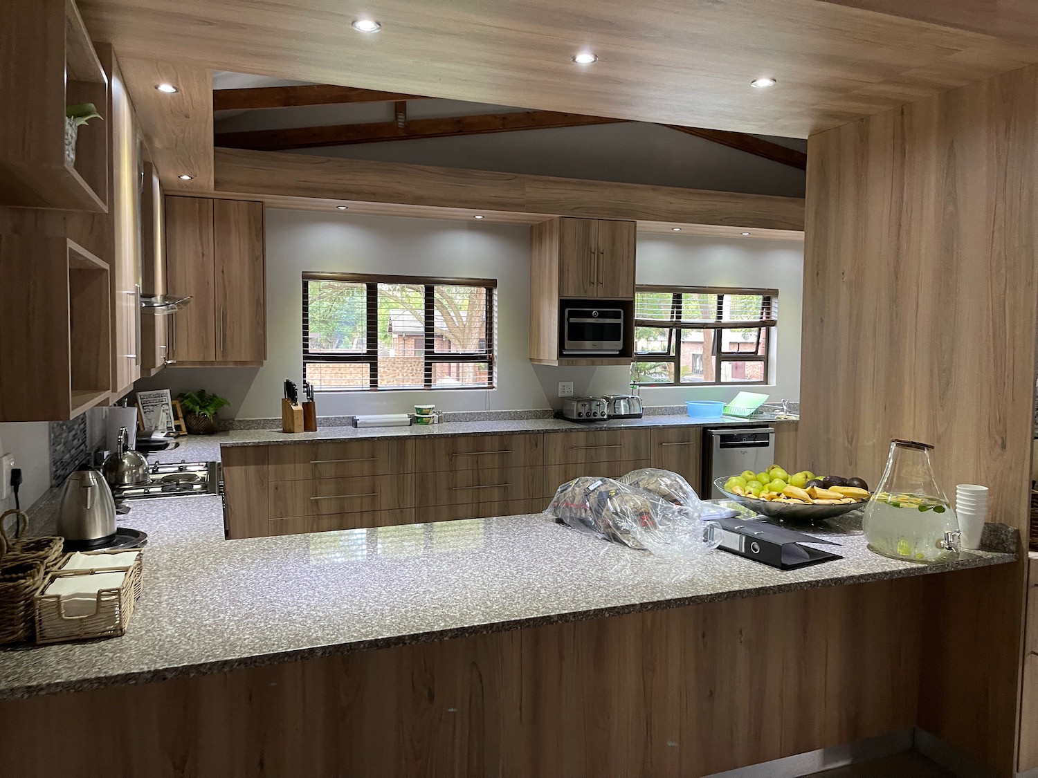 a kitchen with a large countertop