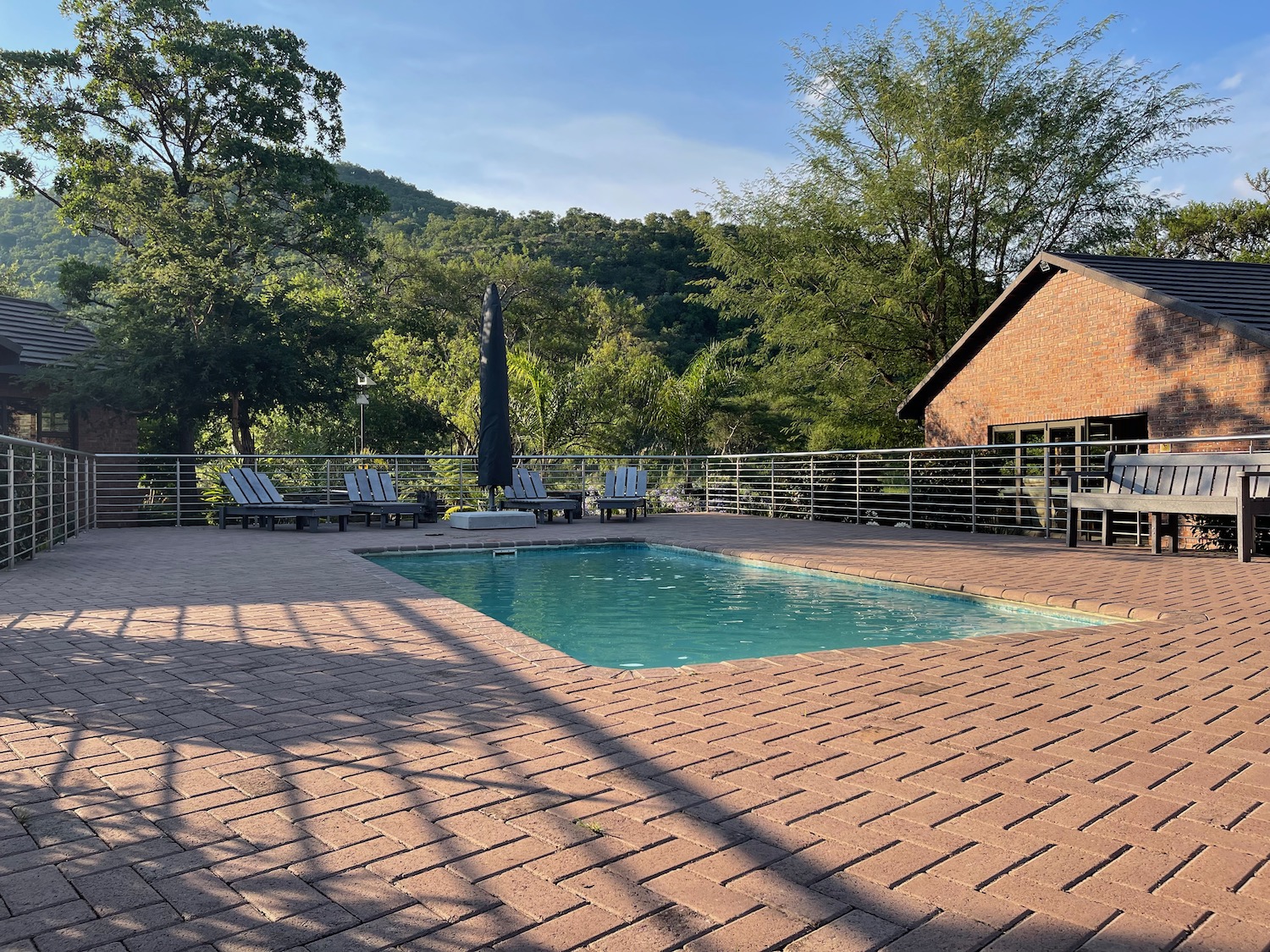 a pool and a building