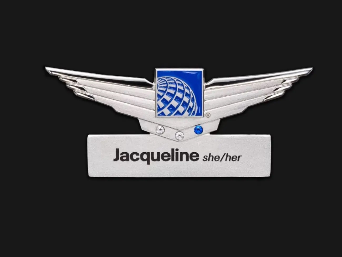 a silver and blue badge with wings