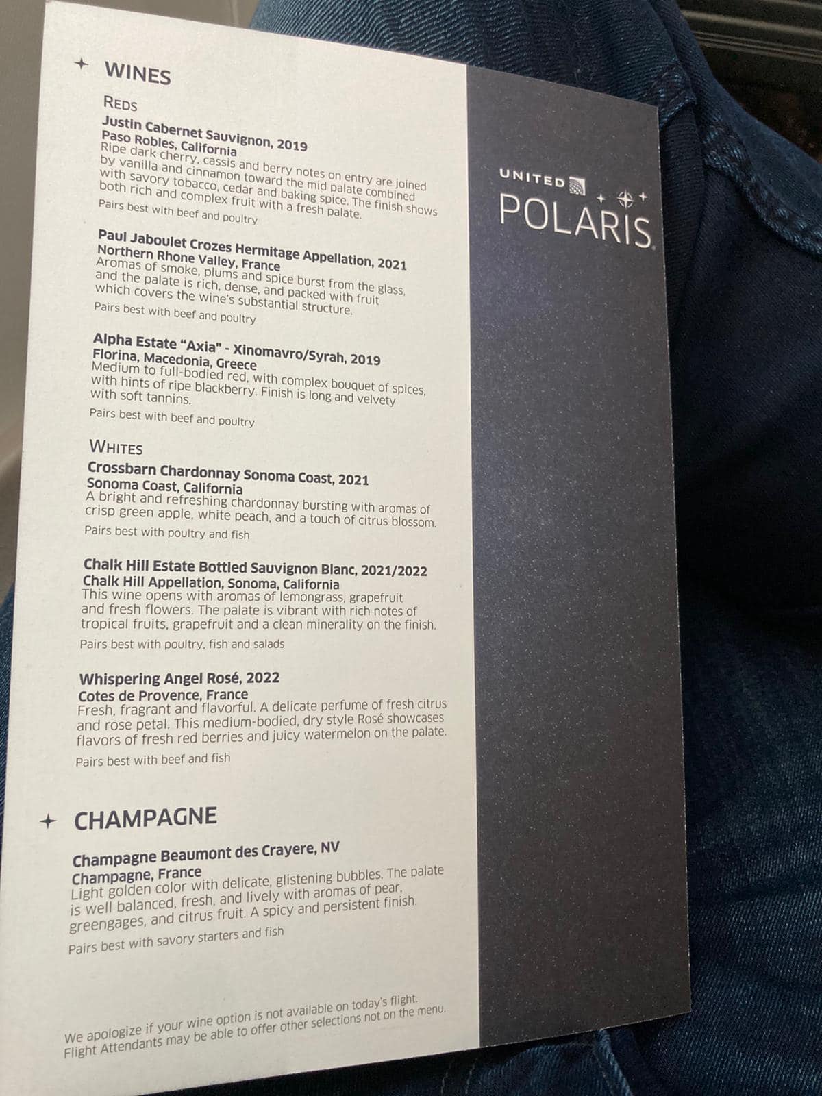 a menu of a wine company