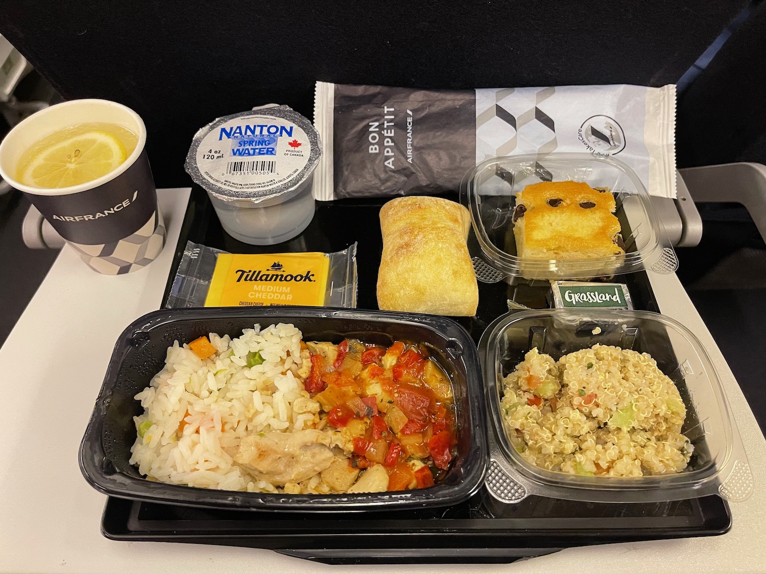 a tray of food and drinks