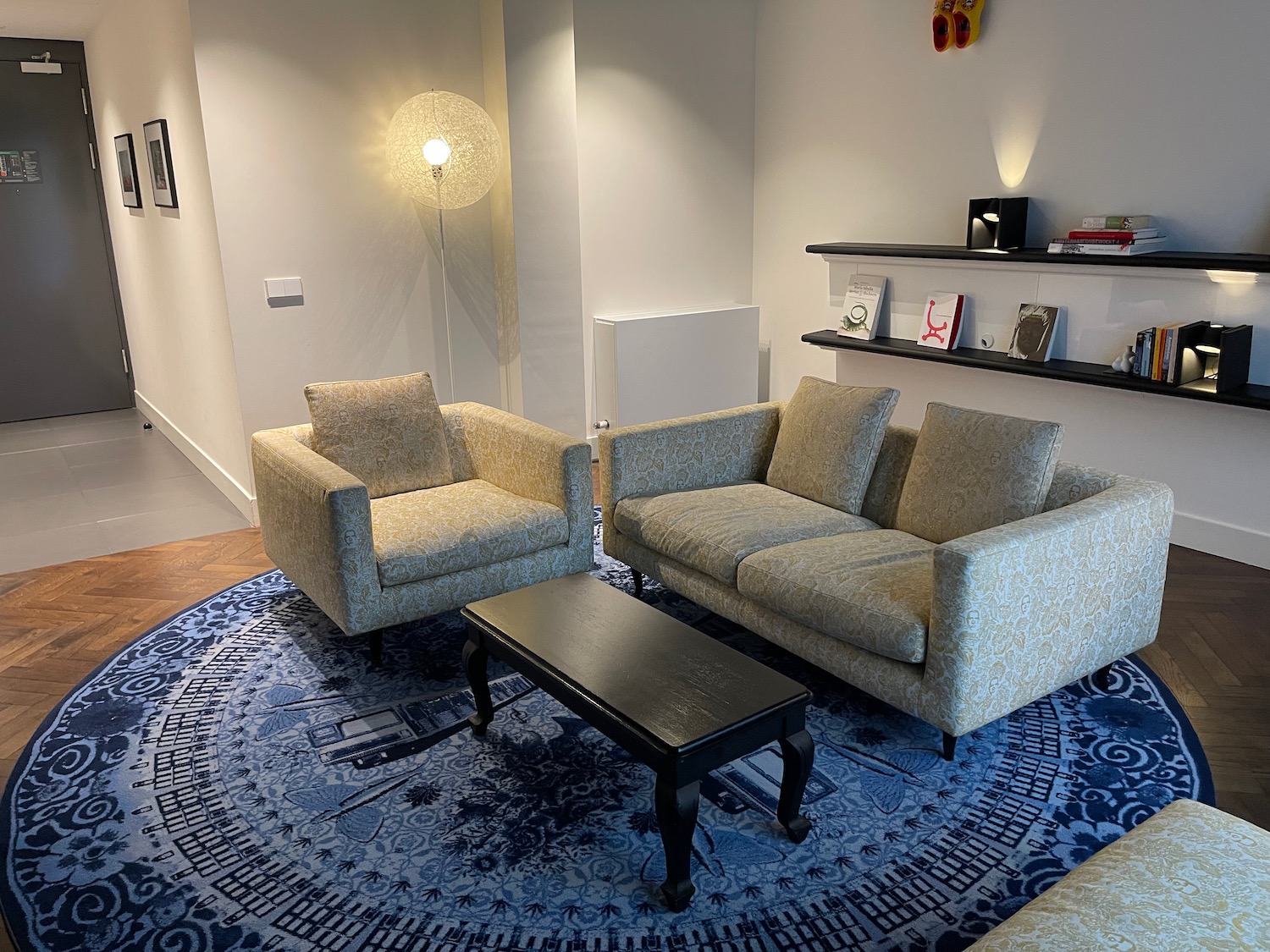 a room with a couch and a coffee table