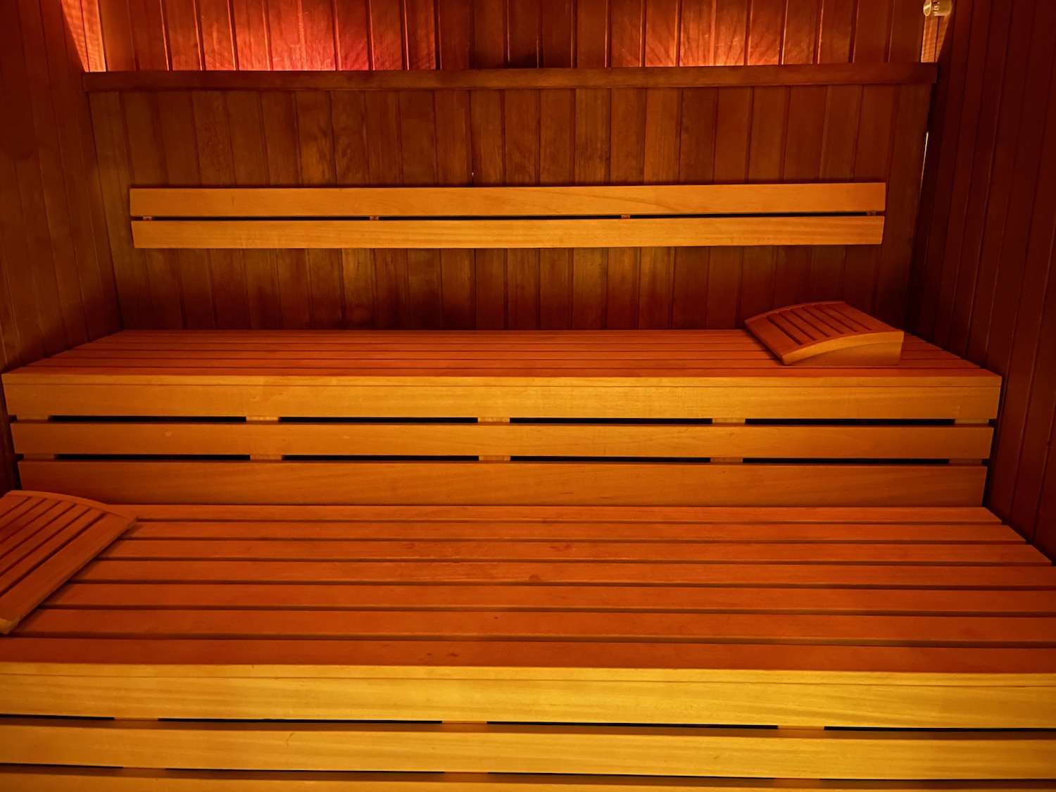 a wooden bench in a sauna