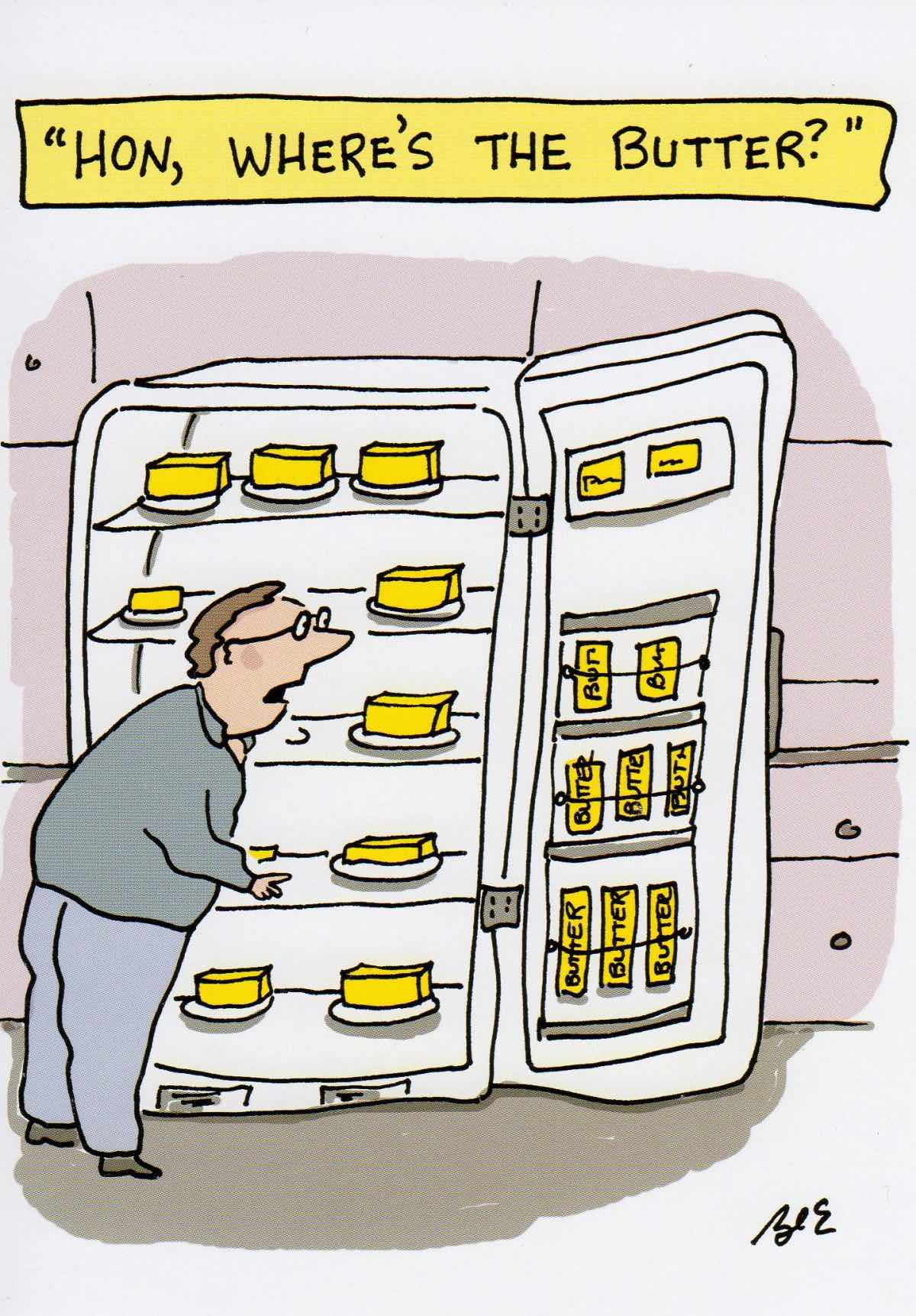 cartoon of a man looking at a refrigerator full of butter