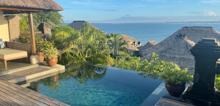 a pool with a thatched roof and a beach in the background