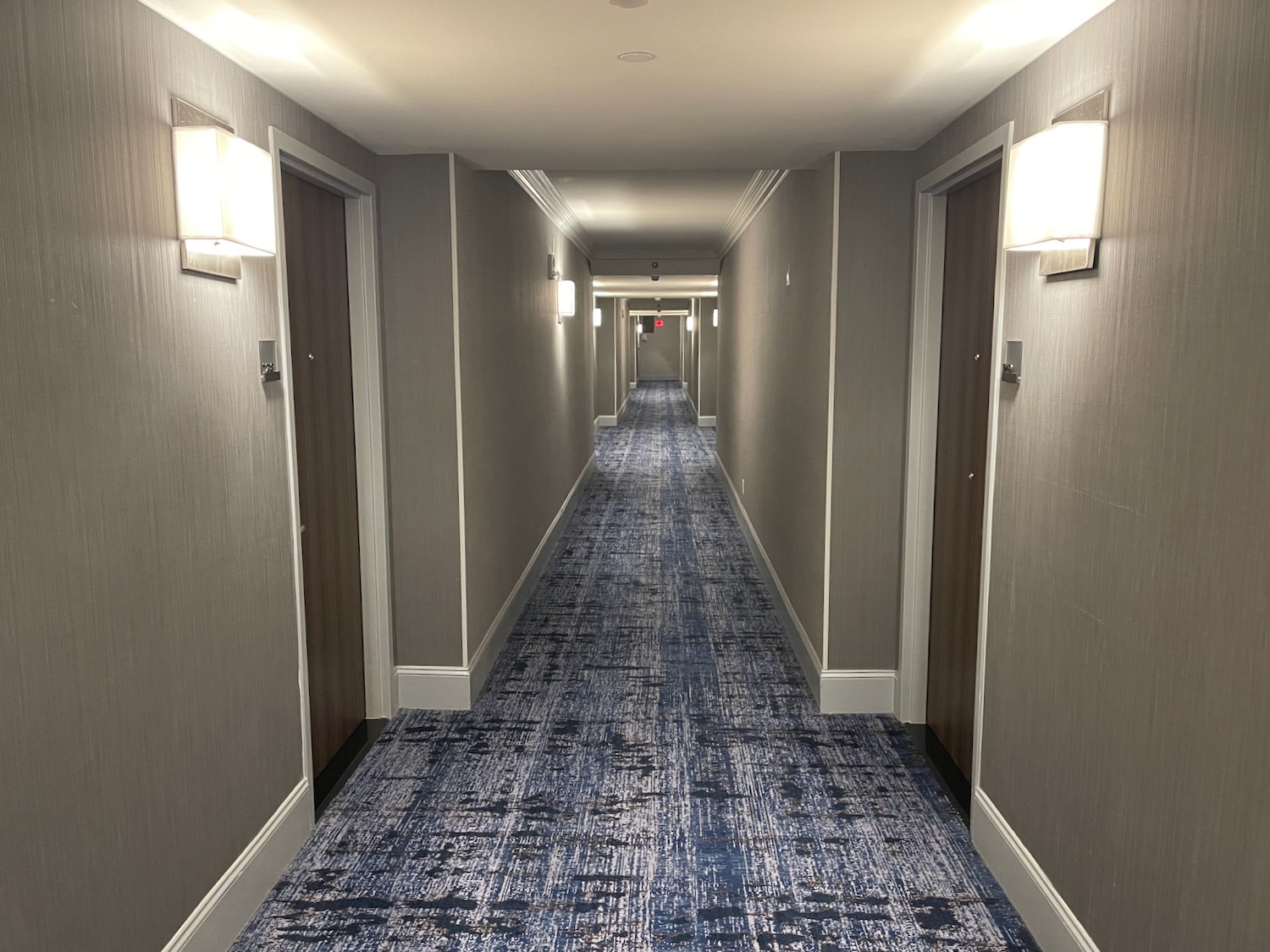 a hallway with doors and a blue carpet