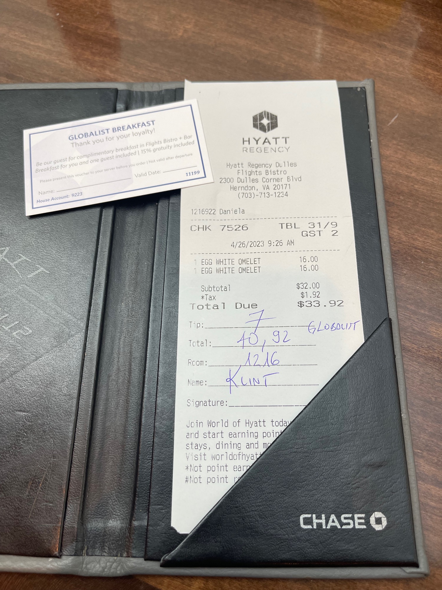 a receipt in a restaurant