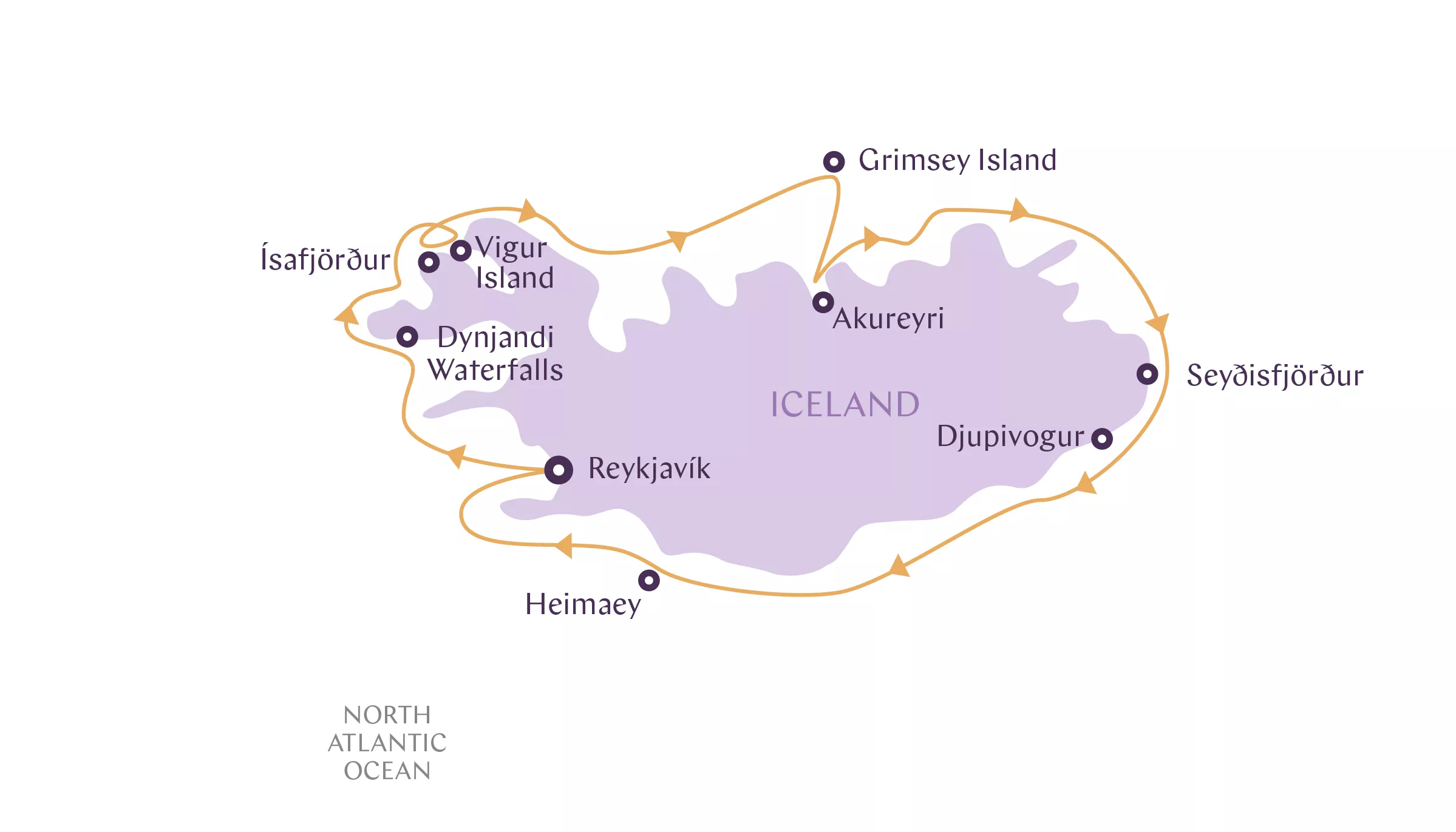 a map of iceland with orange arrows