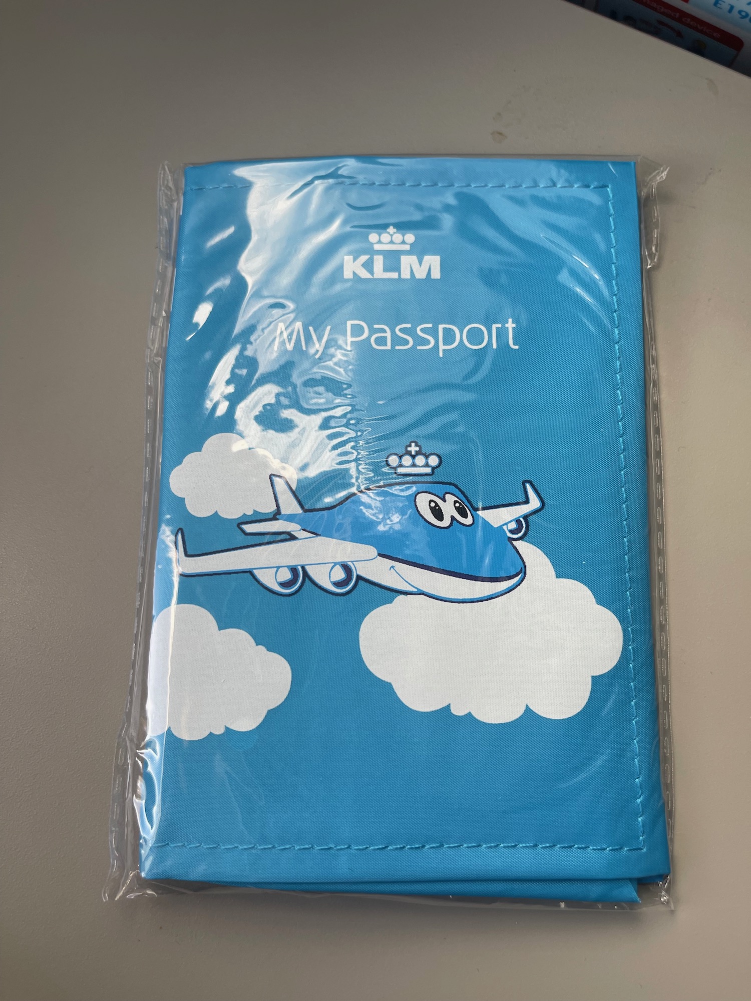 a blue passport cover with a cartoon airplane in the sky