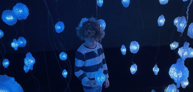 a boy standing in front of a string of lights