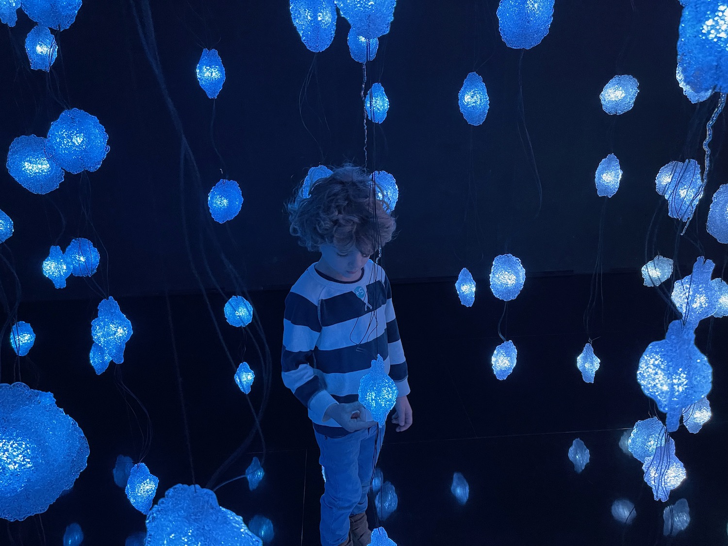 a boy standing in front of a string of lights