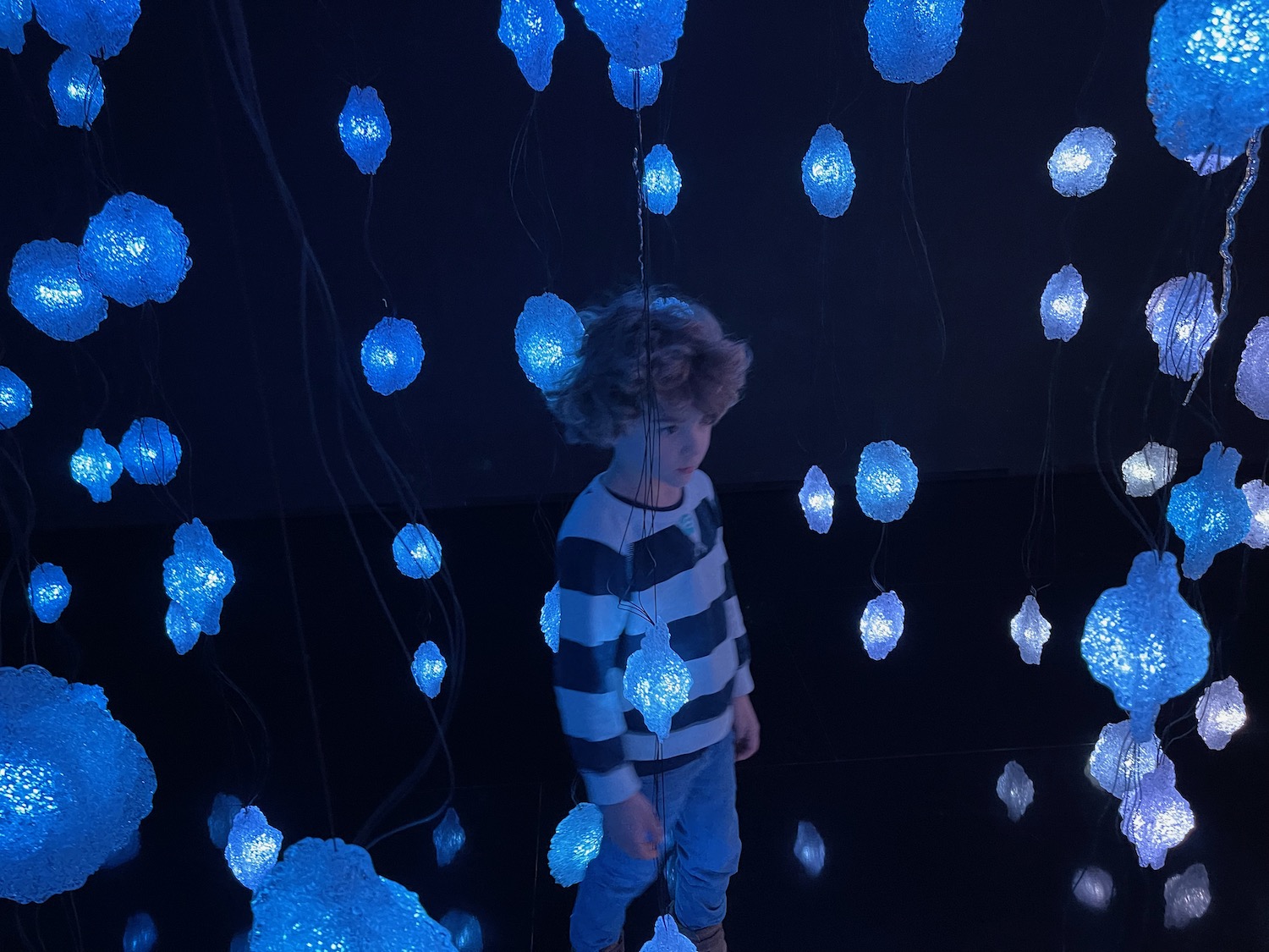 a boy standing in front of blue lights