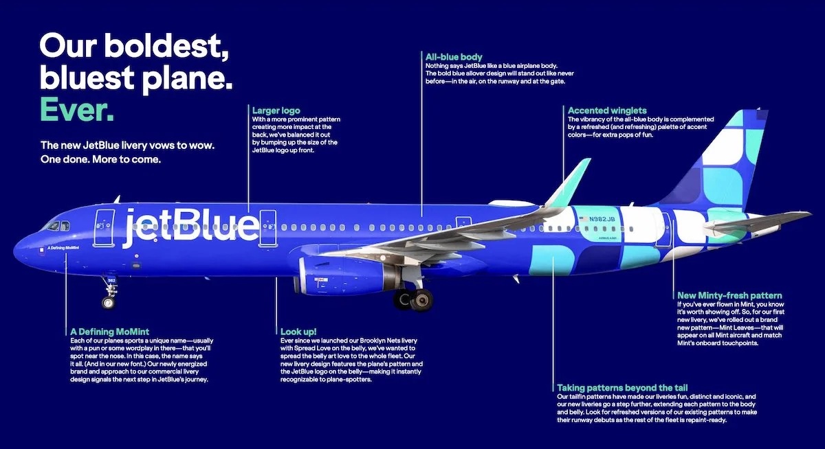 a blue airplane with white text